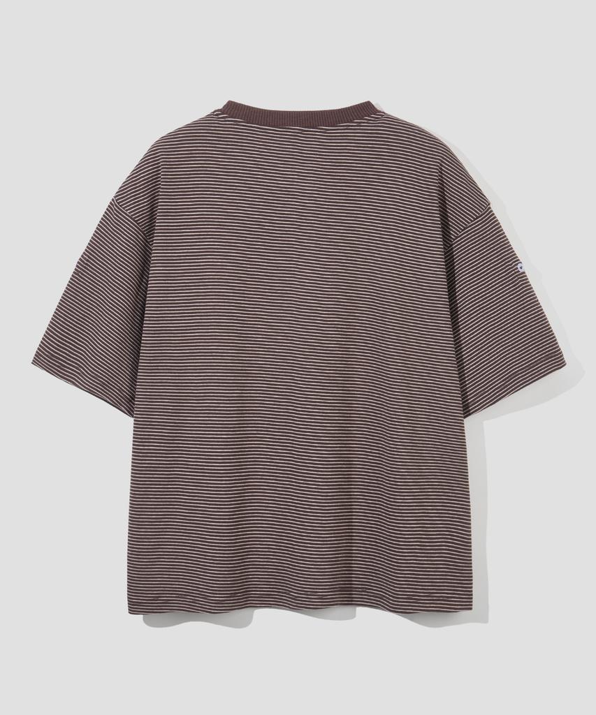 AGOD Roll-Up Snap Henley Neck Striped Half T-Shirt [Brown]