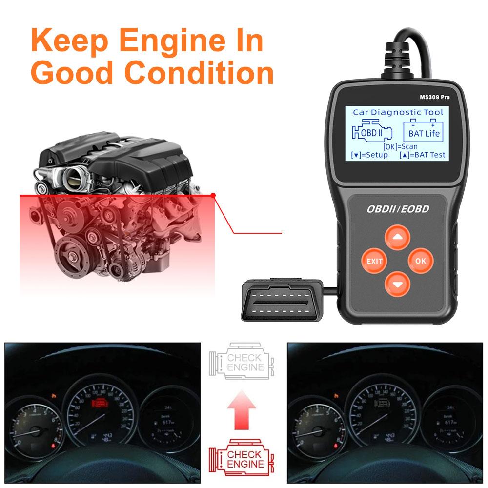 Check Engine System MS309PRO Battery Tester Live Data Code Reader Multi-language Car Diagnostic Tools OBD2 Scanner Accessories