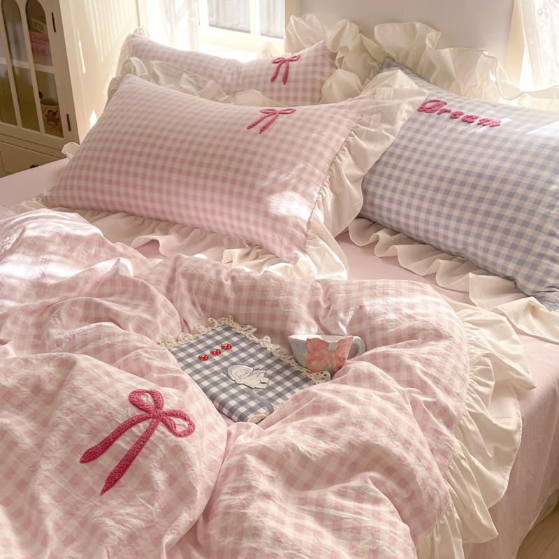 Korean Style Bedding Sets  Pink Grid Bow Quilt Cover Romantic Bed Sheet Sets Woman Girls Bedroom Duvet Cover 4pcs