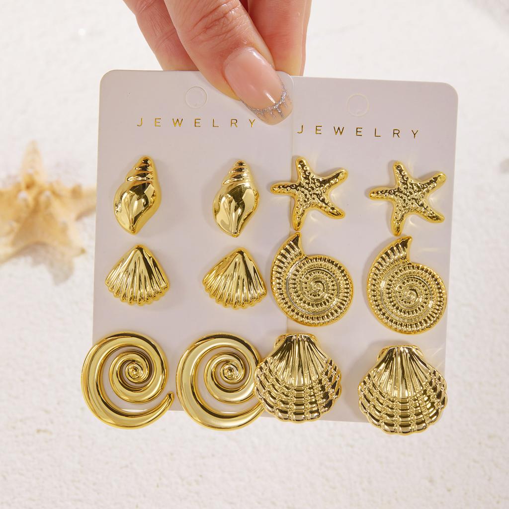 6pcs Gold Color Starfish Shell Stud Earrings Set for Women Ocean Series CCB Metal Textured Earring Boho Beach Party Jewelry