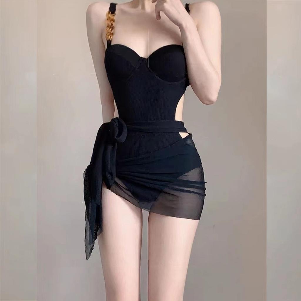 One-piece swimsuit fashionable and sexy suspenders gather to cover the belly and show thinness, high waist beach hot spring swimsuit women's high sens