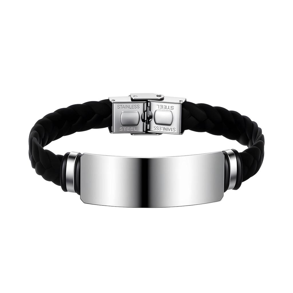 European & American Minimalist Braided Leather Bracelet with Engravable Stainless Steel Plate