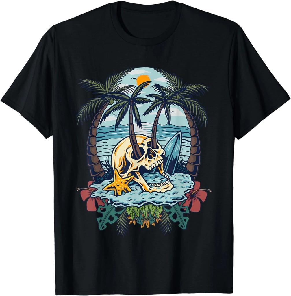 Vintage Palm Tree Skull Summer Beach Men Motorcycle Tattoo Gift Unisex T-Shirt