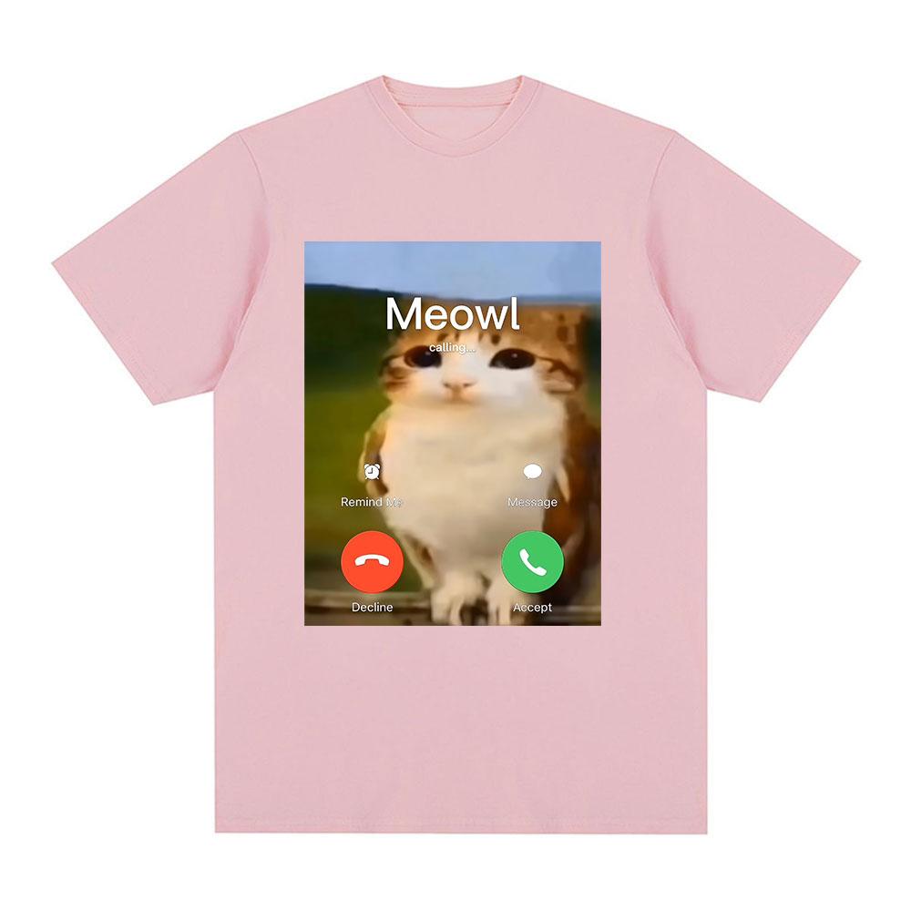 Meowl Is Calling Phone Call Meme Brainrot Funny Cat Owl Tshirts Mens Clothing Fashion Summer Short Sleeves Cotton T Shirts