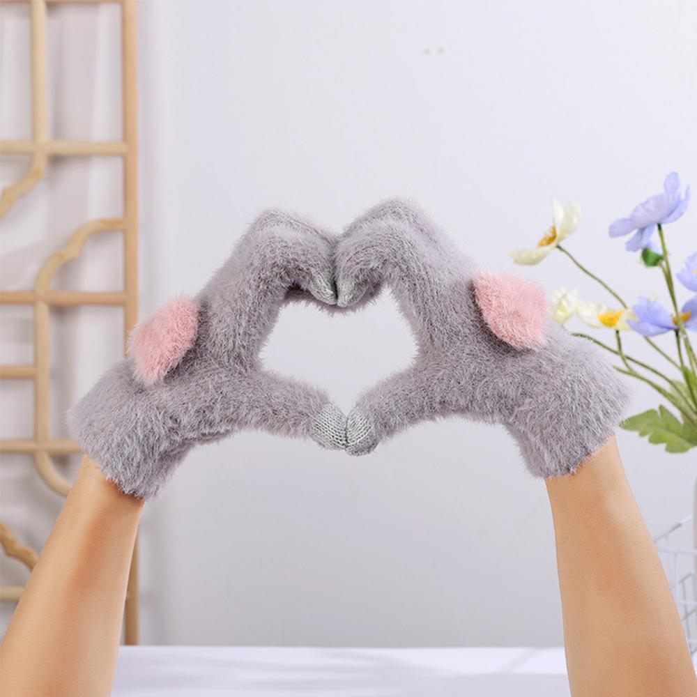 Winter Mink Plush Cold Resistant Gloves Suitable For Women's Soft And Warm Cute Solid Color Knitted Five Finger Gloves