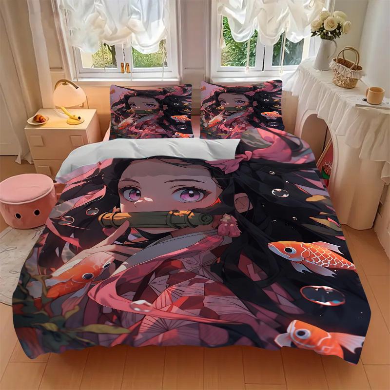 3pcs Kamado Nezuko Demon Slayer Bedding Set, Including 1 Quilt Cover and 2 Pillow Shams, Without Filling, Soft and Comfortable Home Bedroom
