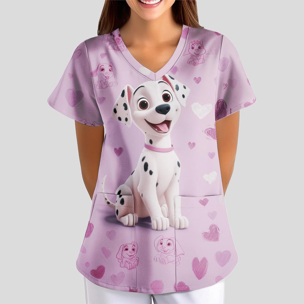 Women's Cartoon Cute Print Loose V-Neck Pocket Short-Sleeve  Uniform