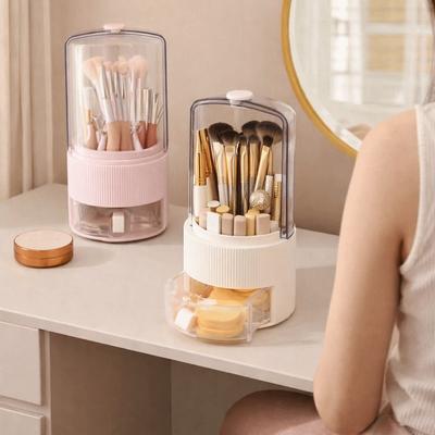 Plastic 360° Rotating Makeup Brush Holder Round Dust-Proof Makeup Brush Storage Box Waterproof Large Capacity