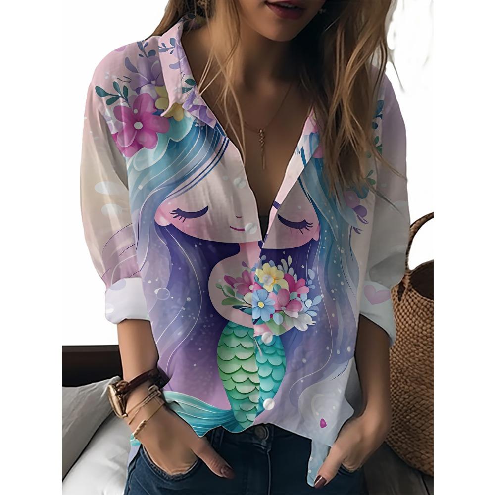 Sommer Minimalistisches Hemd mit Digitalem Blumenprint Knopfleistenhemd Oberteil für Damen Hawaiianischer Strandurlaub Lässiges Hemd