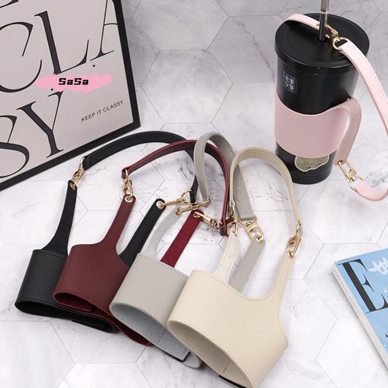 Leather Cup Cover Pouch Portable Water Bottle Sleeve with Insulating Strap for Milk Tea Coffee Cups - Fashionable Carrying Bag