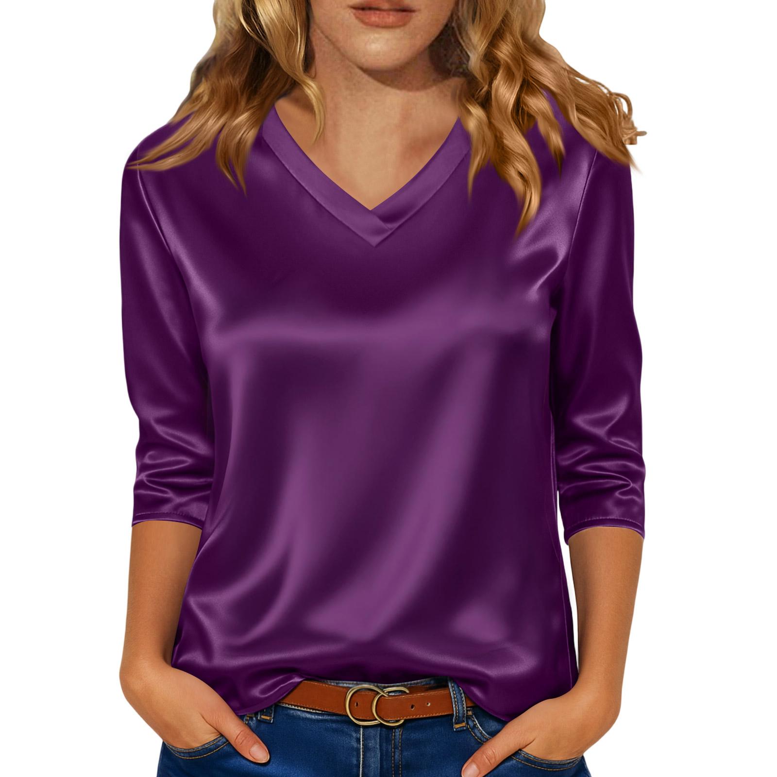 

Women’s Satin V Neck Blouse Three Quarter Sleeve Relaxed Fit Pullover Lightweight Top for Casual or Office Wear M