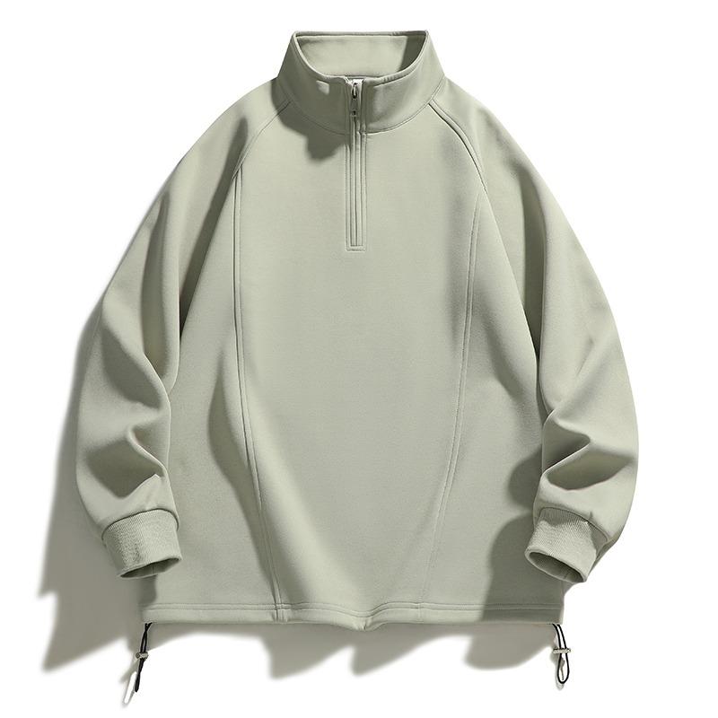 Pánský sportovně ležérní volný top s dlouhým rukávem na zip, jednobarevný rolák se stahovací šňůrkou