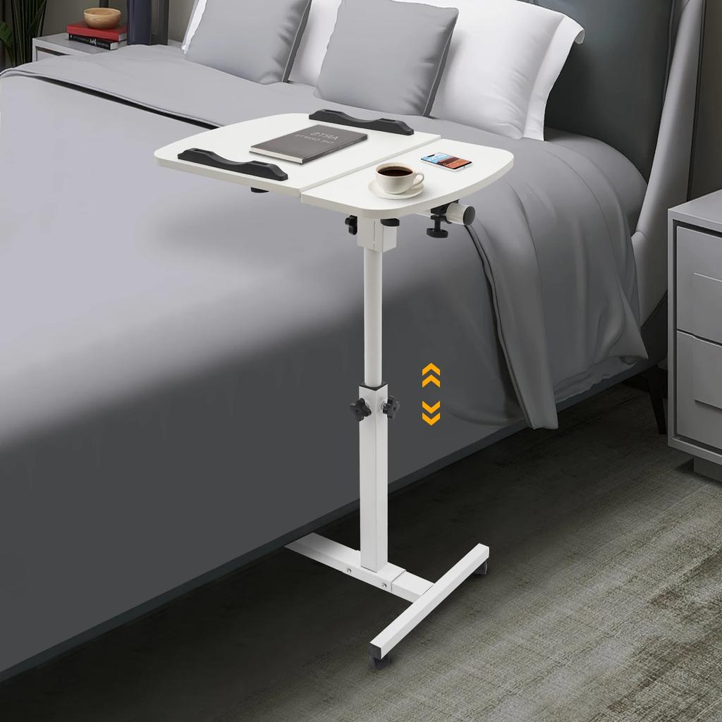Bymaocar Adjustable Rolling Laptop Table with Wheels & Divided Board,White Waterproof Computer Desk for Bedroom, Office, Study