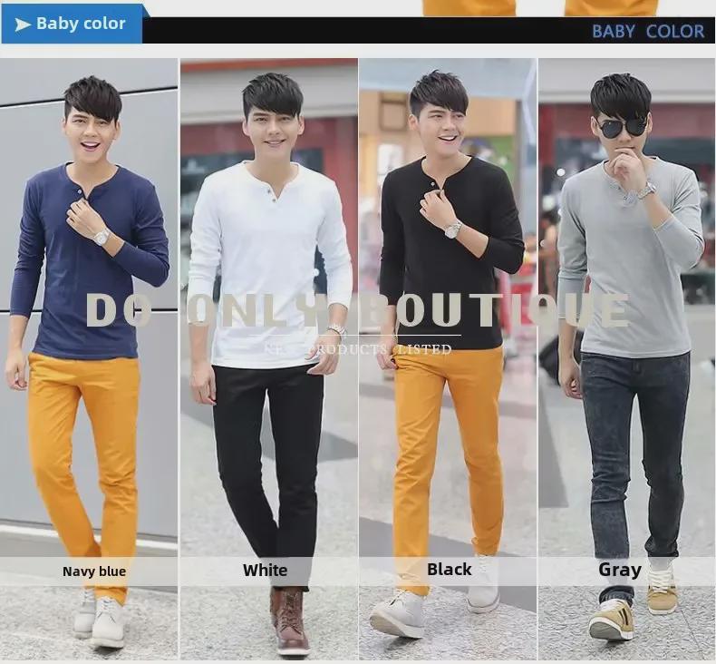Men's Korean Style V-neck Two-Button Long-Sleeve Slim-Fit Cotton T-Shirt