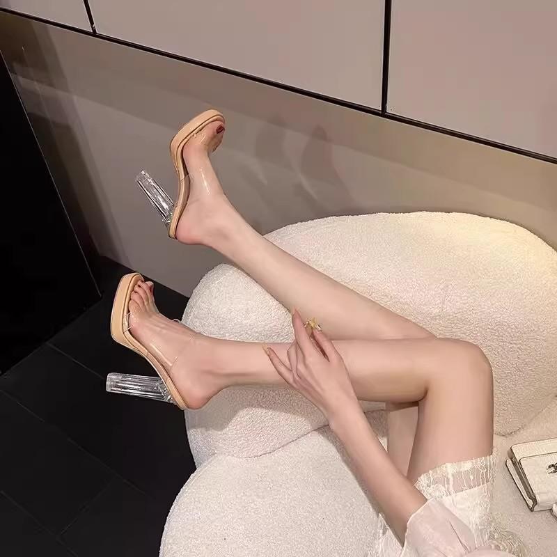Transparent high heels women's new summer waterproof table sandals with thick heels and small size cool slippers