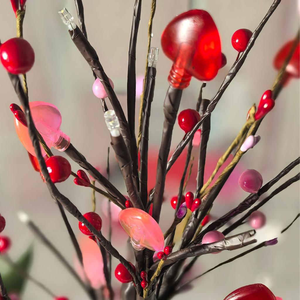 24in Valentines Day Tree Lamp with Heart Berry Red Tinsel Ornaments Led USB Battery Operated Lighted Table Tree for