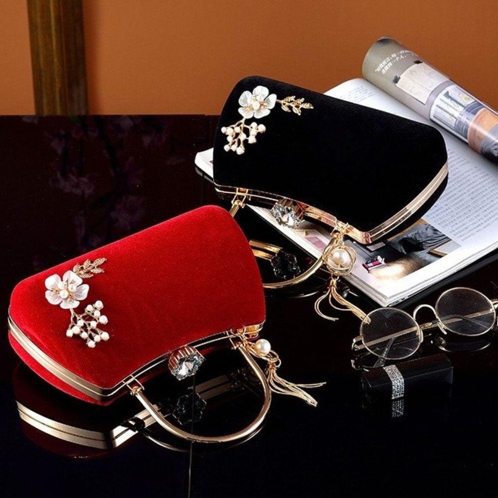 Tassel Velvet Dinner Handbag Flowers Bridal Clutch Bag Fashion Evening Banquet Bag Girl