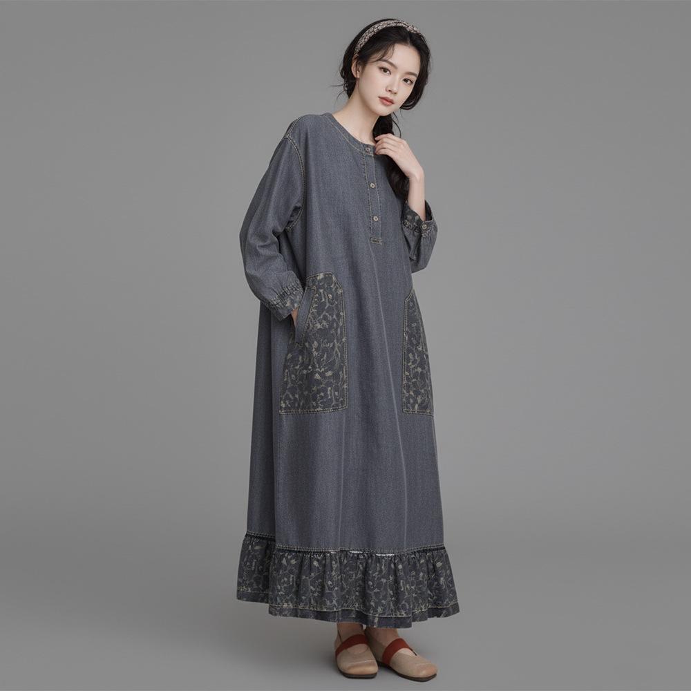Johnature Women Vintage Dress Spring O-Neck Long Sleeve Patchwork Pockets Button Female Dresses