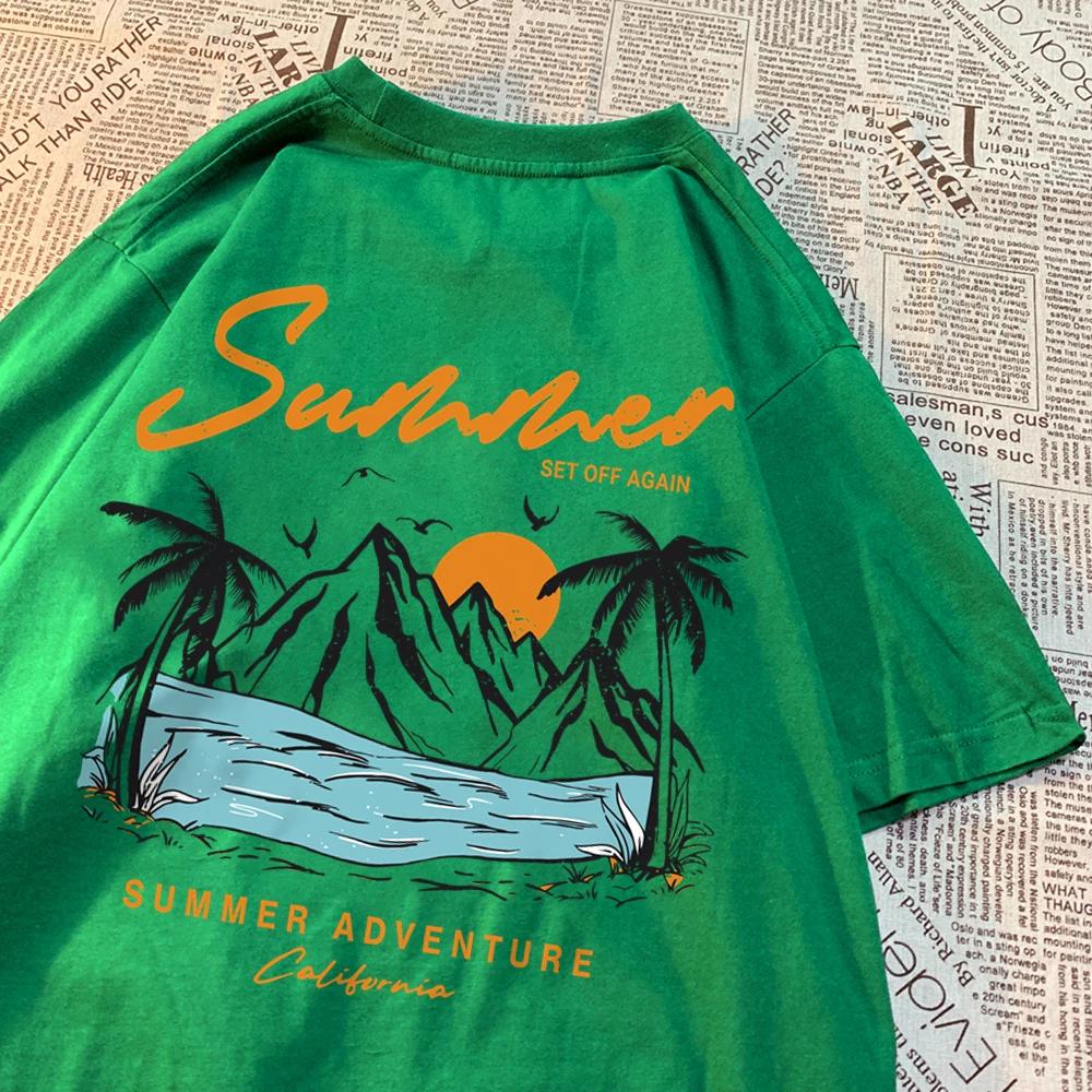 Letní dobrodružství Západ slunce Kokosová palma Horská scénická oblast Tričko Muži Ženy Hip Hop Bavlna Topy Pár Oversized Trička Pár