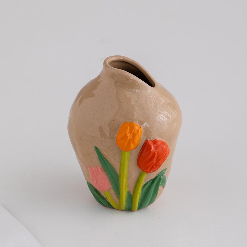Wazon Reliefowy Trójwymiarowy Tulipany Vintage Ceramiczny Wazon Ręcznie Robione Akcesoria do Aranżacji Kwiatowych Dekoracja Domu