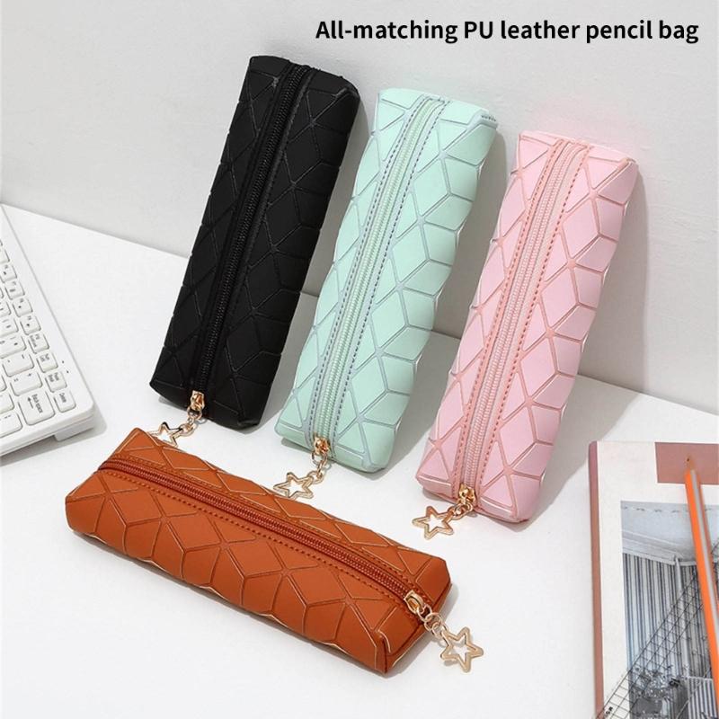 Waterproof Leather Pencil Case Zippered Pencil Pouches Large Compartment Portable Pen Organiser Bag For Student Adult