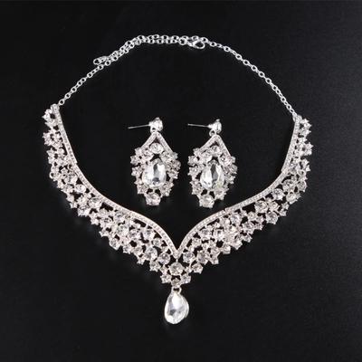 3pcs Women's Jewelry Set, European and American Fashion Rhinestone Crystal Necklace Earrings Set, Bride's Wedding Dress Accessor