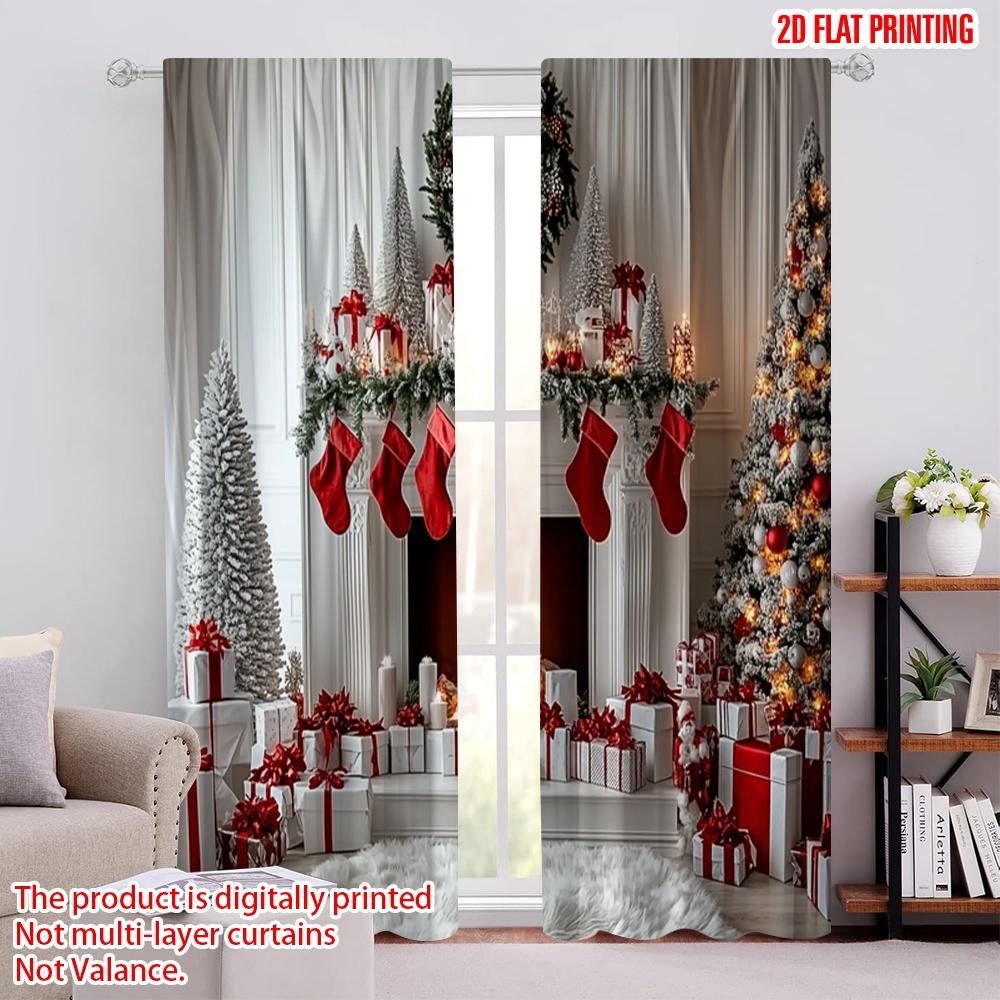 

2pcs 2D flat printing Merry Christmas Popular Drapes With snow_ red stockings_ Durable 100% Polyester Fabric Without Electricity 100*130 HOOK 1pcs