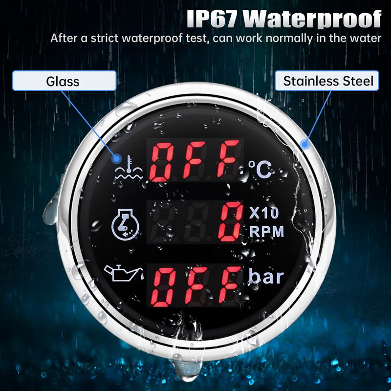 3 in 1 Gauge Tachometer+Oil Pressure+Water Temperature Gauge With Alarm 0-10Bar Oil Press Sensor for 12V 24V Car Boat Marine