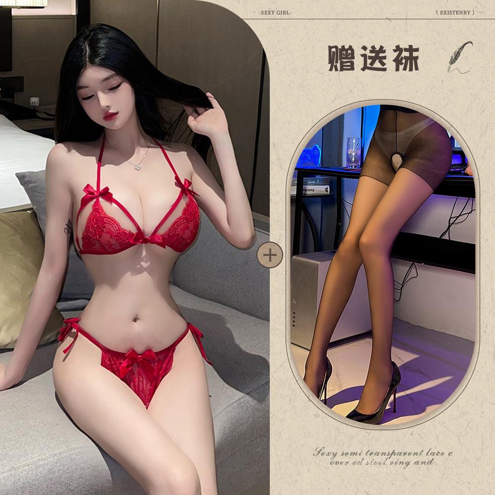 Sex underwear sexy lace three-point bra underwear women's transparent temptation pure desire women's pajamas
