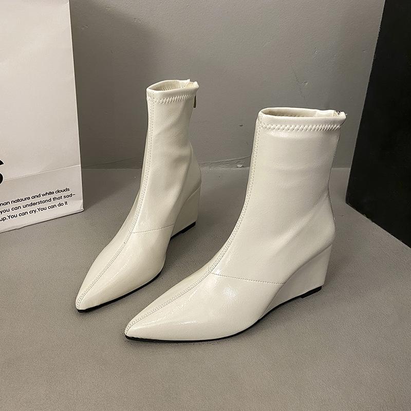 Slope Heel High Heel Short Boots 2025 New Autumn and Winter Pointed Elastic Thin Boots Black Retro Versatile Martin Boots Women