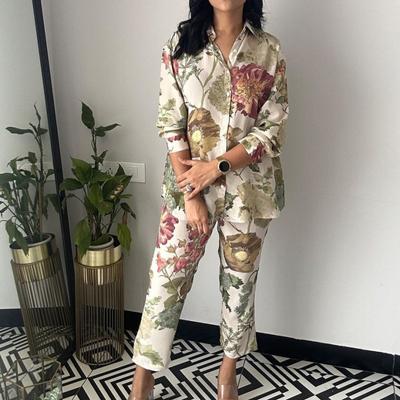 Women's Pajamas Floral Print 2 Piece Long Sleeve Lapel Single Breasted Shirt Loose Pants Women's Elegant Lounge Wear Set