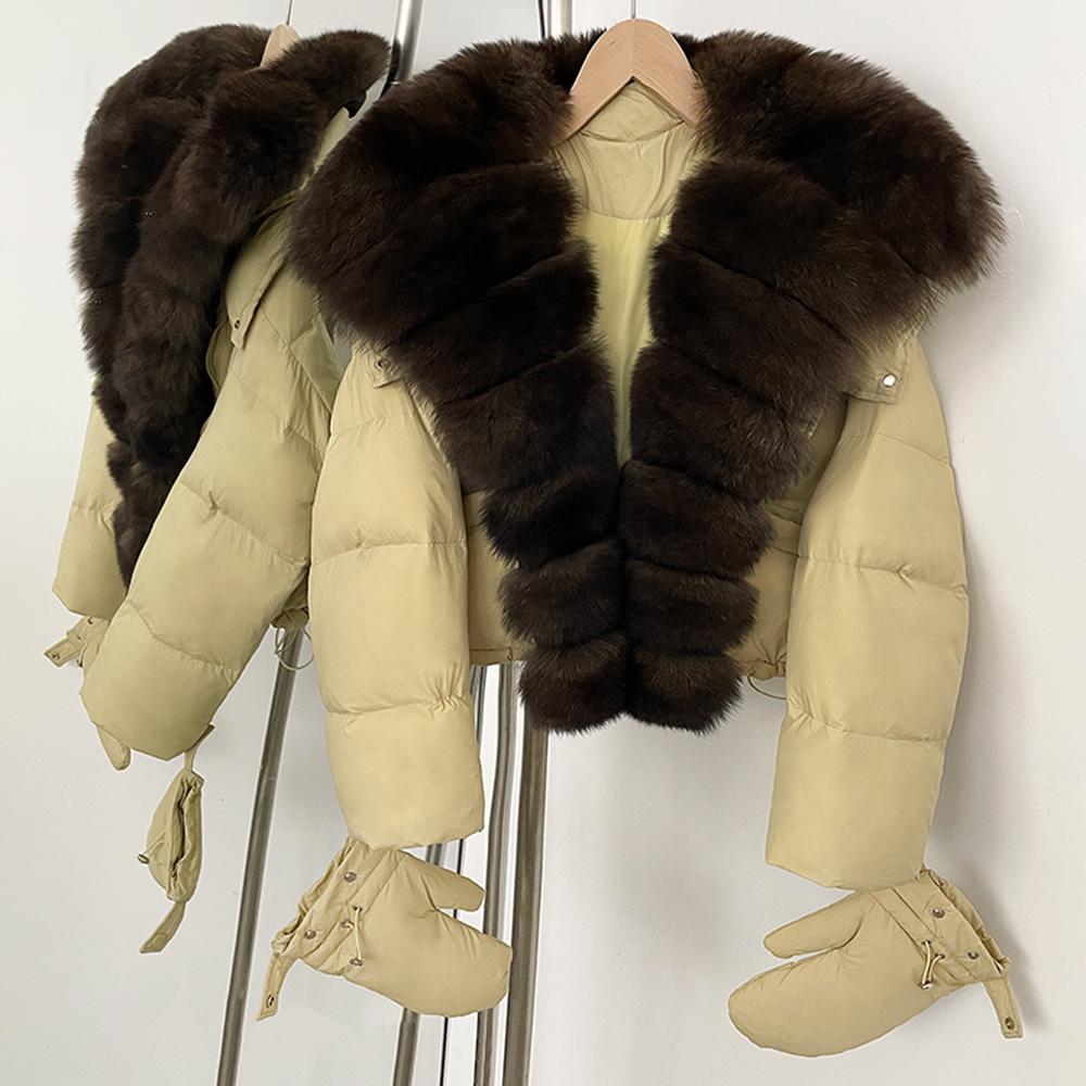 OFTBUY New Winter Top Clothes Women Short Hooded Big Real Fox Fur Down Coat Female Natural Fur Fluffy Puffer Jacket with Gloves