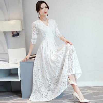 Autumn Korean Version of The V-neck Lace Dress Women's Long-sleeved Slim Solid Color Long Skirt