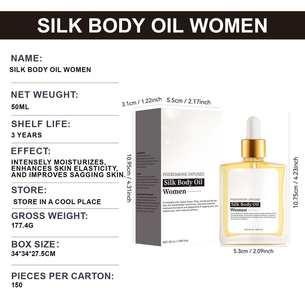 Silk Body Oil for Women 50ML, Moisturizing & Nourishing Perfume Body Oil, Silky Smooth, Long-Lasting Fragrance, Unisex Packaging