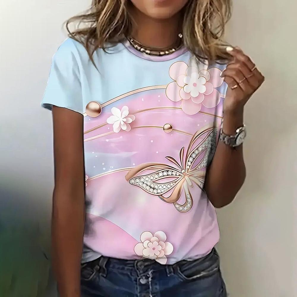 Summer Gradient Print Tshirt For Women Butterfly Pattern Tops Fashion Casual Loose T Shirt Oversized Short Sleeve Aesthetic Clot