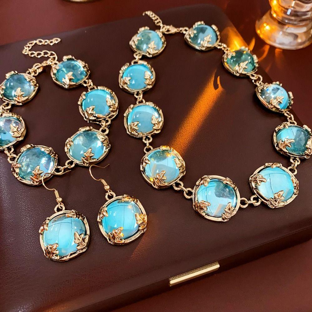 Fashion Bracelet Light Luxury Clavicle Chain Minimalism Blue Necklace Earring  Women