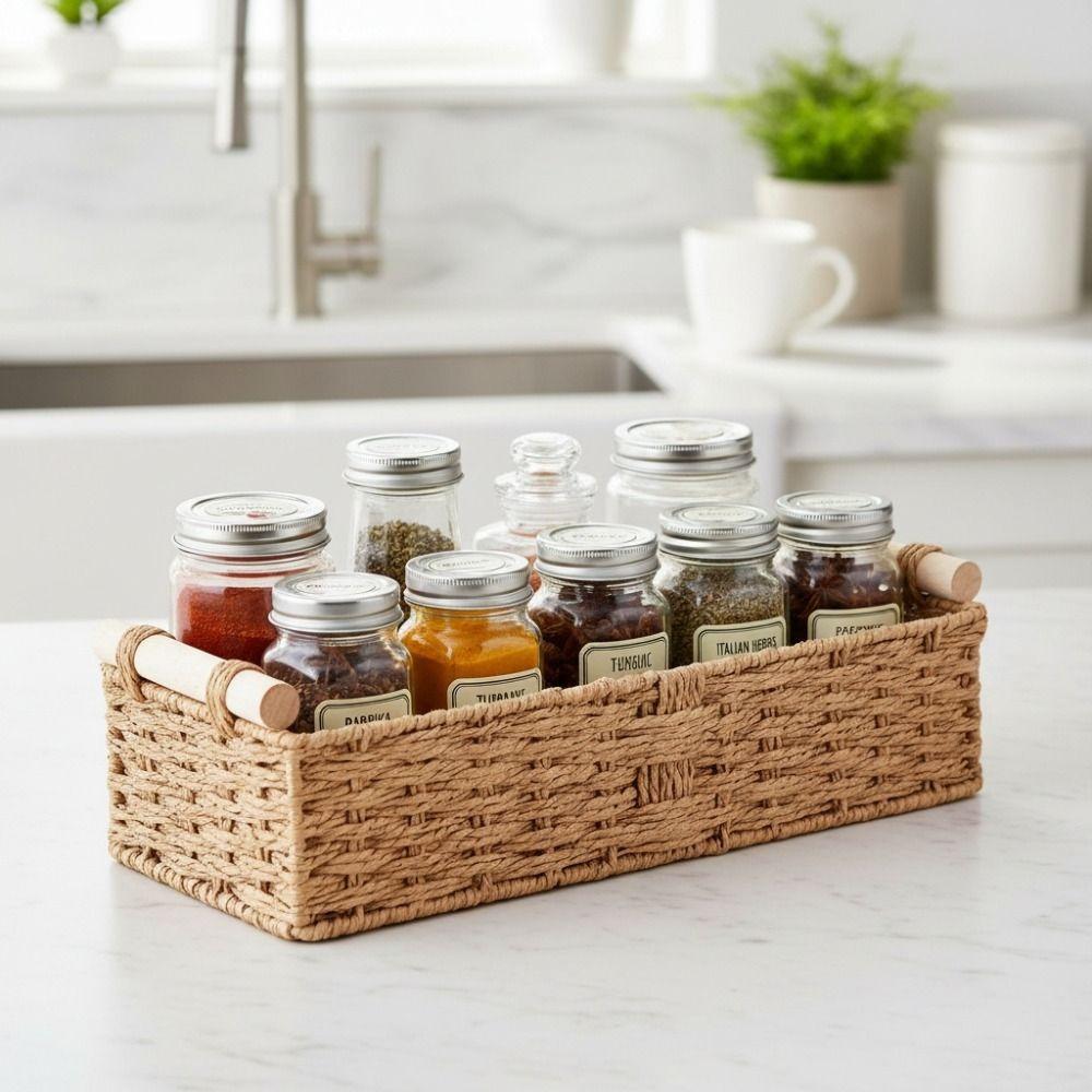 Retro Braided Toilet Paper Basket Wood Handle Ventilated Bathroom Storage Basket Handwoven Rectangular Sundry Storage Basket