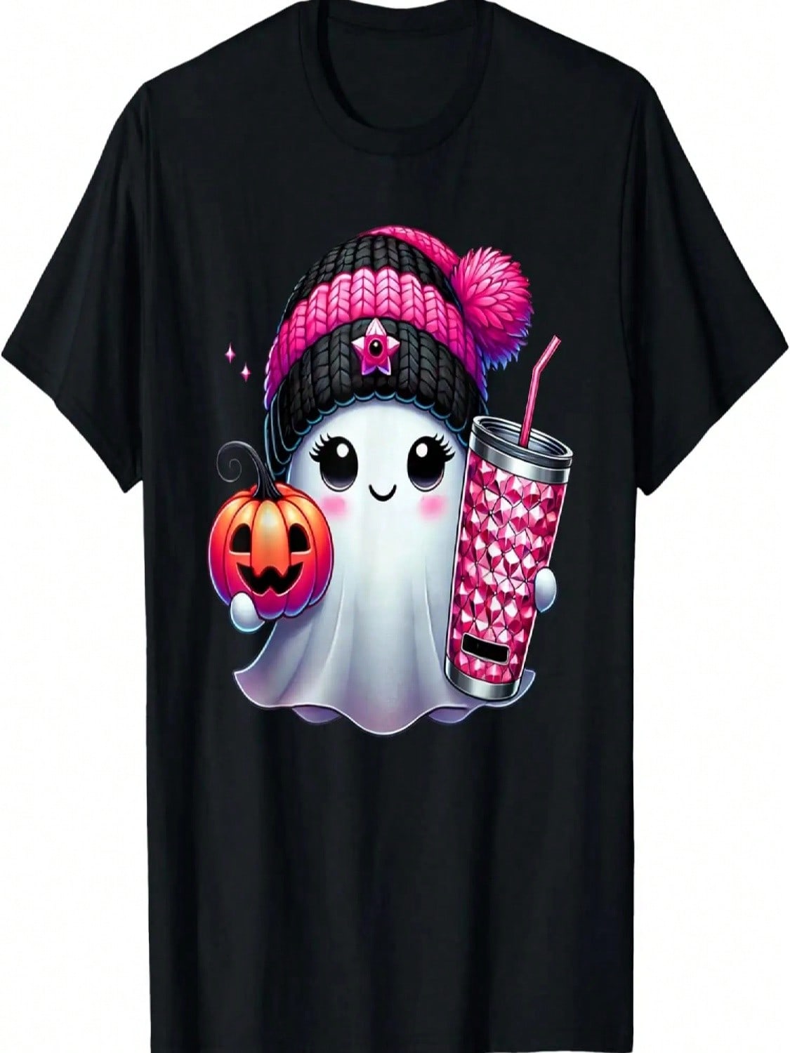 Cute Ghost Drinking Coffee Halloween Ghost Ice Coffee Wounisex T-Shirt S разноцветный