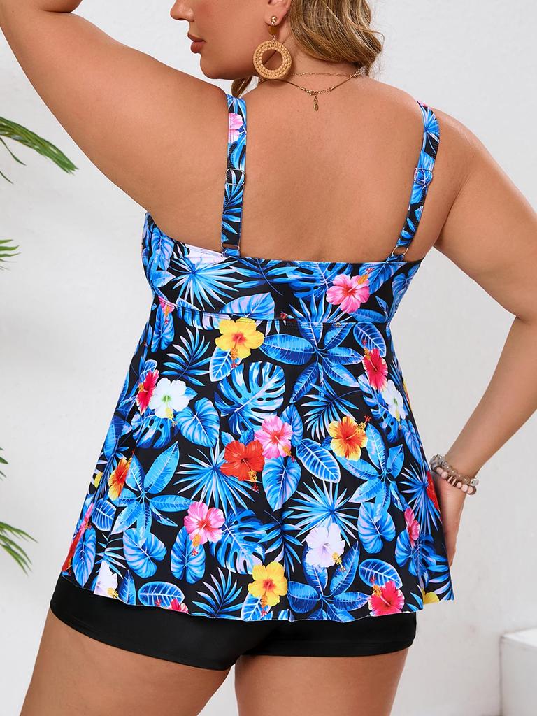2026 European & American Plus Size Floral Leaf Print Two-Piece Conservative Boyleg Swimsuit for Women