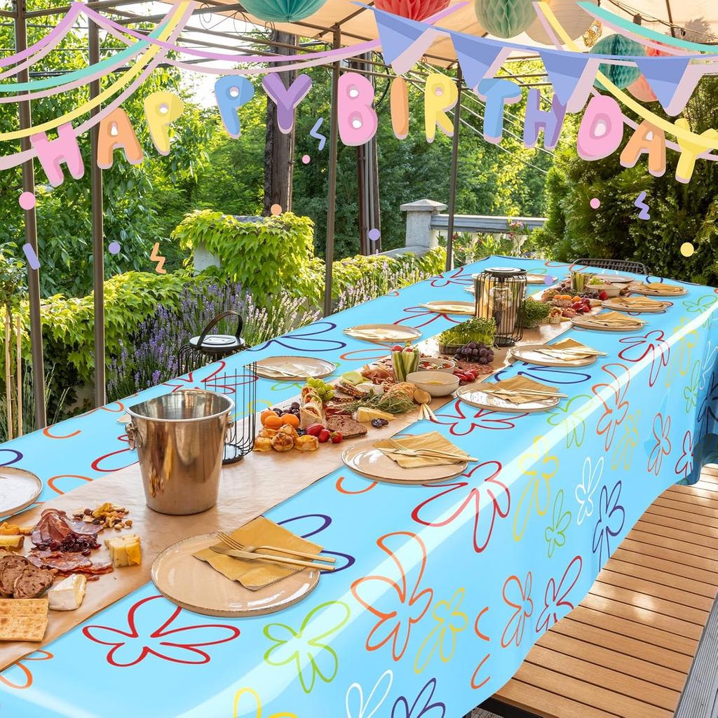 Oudain 2 Sheets Sponge Birthday Party Supplies Blue Ocean Flower Tablecloth 54 x 108 Inch Plastic Table Covers for Birthday Party Decorations