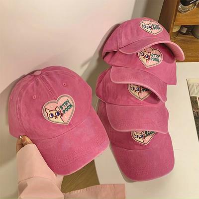 Pink Love Cat Baseball Cap Female Curved Brim Soft Top Cap Cute Hat Trendy Female Sun Protection Shade Show Small Face