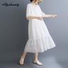 Plus Size Summer Women Cotton Dress V Neck Embroidery Hollow Out Sweet Dress Casual Loose Midi White Elegant Dress
