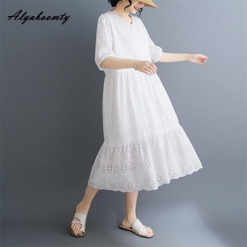 Plus Size Summer Women Cotton Dress V Neck Embroidery Hollow Out Sweet Dress Casual Loose Midi White Elegant Dress