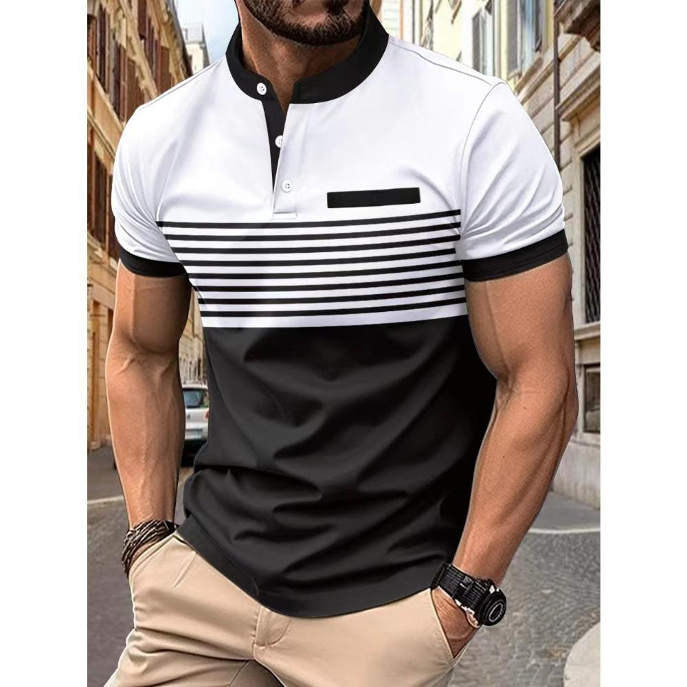 Men s casual short-sleeved button-down polo shirt with a stand-up collar and horizontal stripes S белый