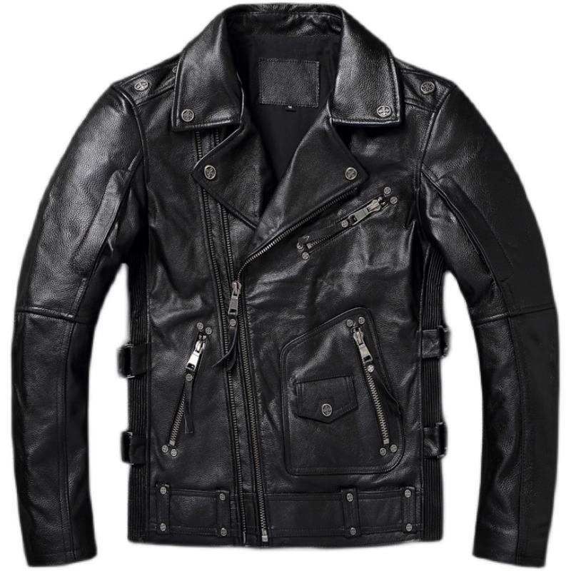 Chinese Size Heavy Motorcycle Jacket Natural Cowhide Leather Top Layer Causal Vintage Retro Moto Suit Leather Coat Winter