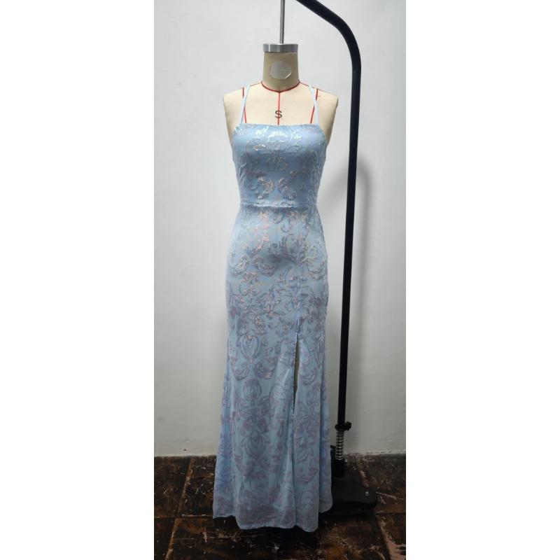Women Sexy Off Shoulder Sequin Slit Floor Length Evening Party Gown