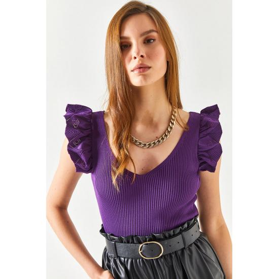 Women's Front Back V Neck Shoulder Frilly Knitwear Blouse