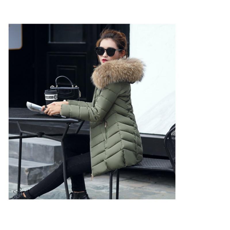 Winter Koreanische Version der Baumwolljacke Damen Mittellang Slim-fit Großer Pelzkragen Daunen Baumwolljacke