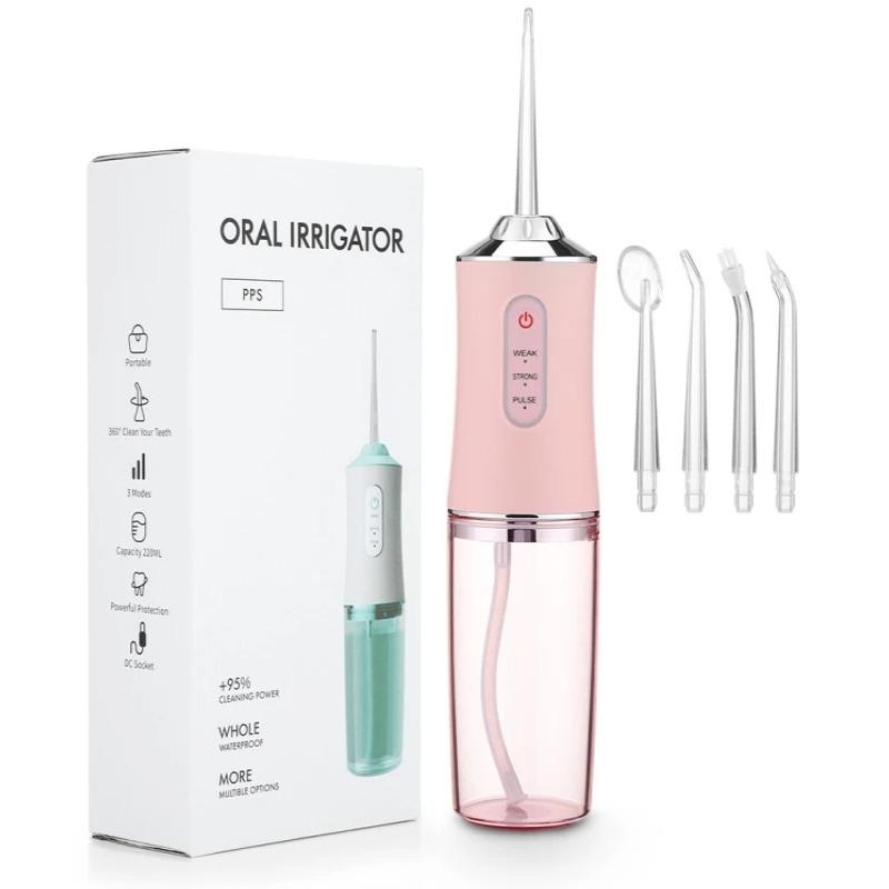 Munddusche, tragbare Dental-Wasserflosser, USB wiederaufladbar, Wasserstrahl, Zahnseide, Zahnstocher, 4 Düsenspitzen, 220 ml, 3 Modi, IPX7, 1400 U/min