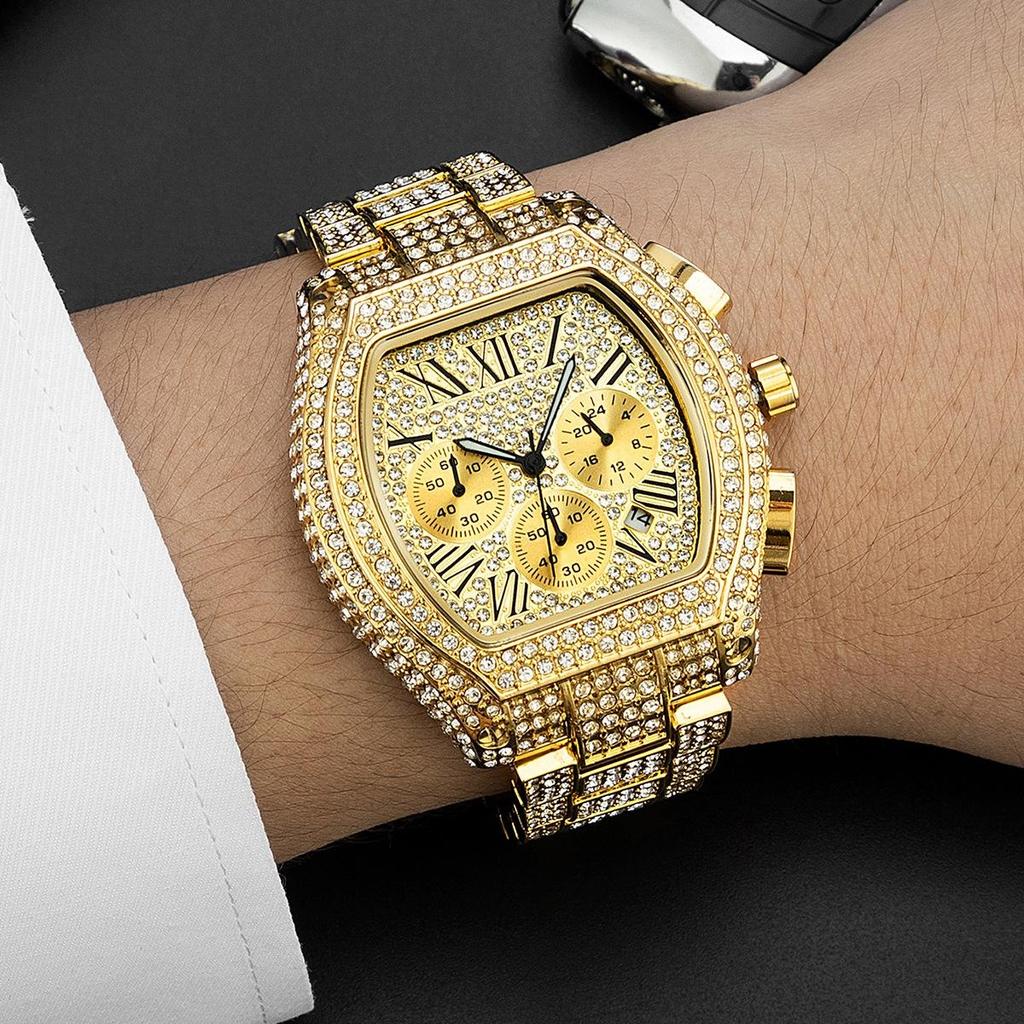 Hip Hop Iced Out Watch for Men Full Diamond Chronograph Quartz Wristwatch Stainless Steel Waterproof Luminous Tonneau Wristwatch
